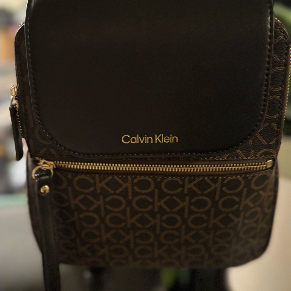 Calvin Klein Black and Brown Logo Backpack NWOT